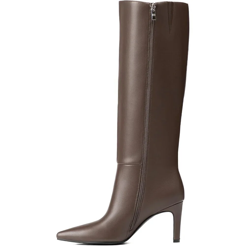 🆕Women Stiletto Brown Side Zipper Pointed Toe Knee High Dress Fashion Boots